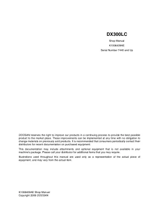 Daewoo Doosan DX300LC Excavator Service Repair Manual (Serial Number 7440 and Up)