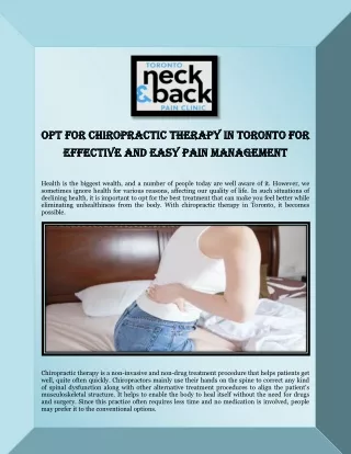 Opt for Chiropractic Therapy in Toronto for Effective and Easy Pain Management