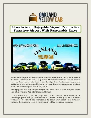 Ideas to Avail Enjoyable Airport Taxi to San Francisco Airport With Reasonable Rates