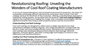Revolutionizing Roofing: Unveiling the Wonders of Cool Roof Coating Manufacturer