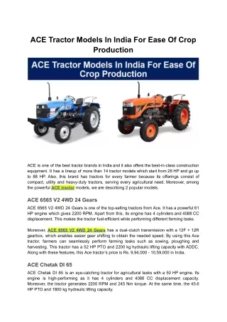 ACE Tractor Models In India For Ease Of Crop Production