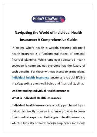 Navigating the World of Individual Health Insurance: A Comprehensive Guide