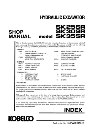 Kobelco SK35SR Mini Excavator Service Repair Manual (SK35SR PX05001 ～)