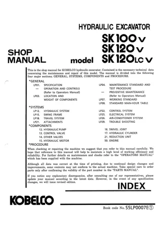 Kobelco SK100 V, SK120 V, SK120LC V Crawler Excavator Service Repair Manual (YP02301 ～ )