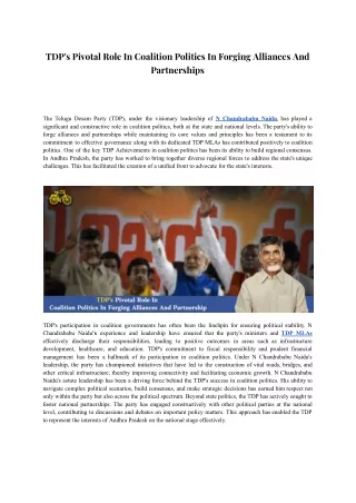 TDP's Pivotal Role In Coalition Politics In Forging Alliances And Partnerships