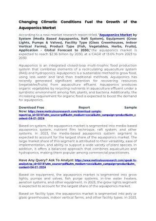 Changing Climatic Conditions Fuel the Growth of the Aquaponics Market