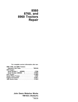 John Deere 8560 Tractors Service Repair Operation and Test Manual (TM1433   TM1434)