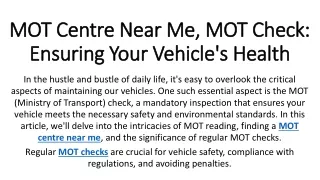 MOT Centre Near Me, MOT Check Ensuring Your Vehicle's Health