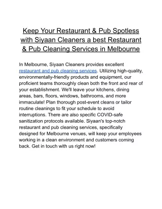 Keep Your Restaurant & Pub Spotless with Siyaan Cleaners a best Restaurant & Pub Cleaning Services in Melbourne