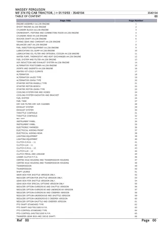 Massey Ferguson MF 374 FQ CAB TRACTOR, - 011093 Parts Catalogue Manual