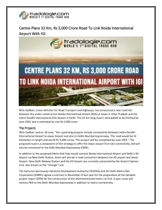 4-Centre Plans 32 Km, Rs 3,000 Crore Road To Link Noida International Airport With IGI