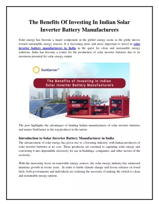 The Benefits of Investing in Indian Solar Inverter Battery Manufacturers