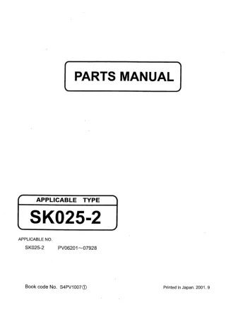 Kobelco SK025-2 Mini Excavator Parts Catalogue Manual (SN PV06201 to 07928)