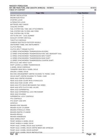 Massey Ferguson MF 398 TRACTOR, CKD (SOUTH AFRICA) Parts Catalogue Manual