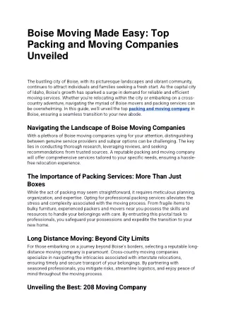 Boise Moving Made Easy Top Packing and Moving Companies Unveiled