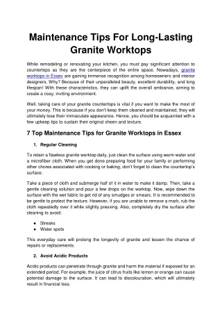 Maintenance Tips for Long-lasting Granite Worktops