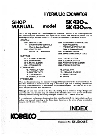 Kobelco SK430 III, SK430LC III Crawler Excavator Service Repair Manual (YS00701 ～)