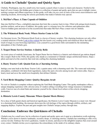 Chehalis Quests: An Explorer's Pleasure