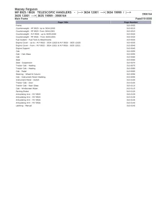 Massey Ferguson MF 8925  8926 TELESCOPIC HANDLERS (- 363412001) (- 363419999) (-363512001) (- 363519999) Parts Catalogue