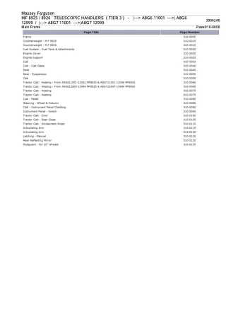 Massey Ferguson MF 8925  8926 TELESCOPIC HANDLERS (TIER 3) (- A8G611001) (- A8G612999) (- A8G711001) (-A8G712999) Parts