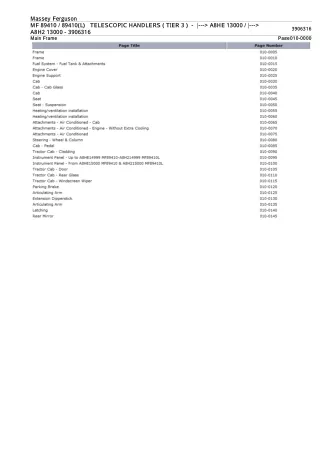 Massey Ferguson MF 89410  89410(L) TELESCOPIC HANDLERS (TIER 3) (- A8HE13000)  (-A8H213000) Parts Catalogue Manual