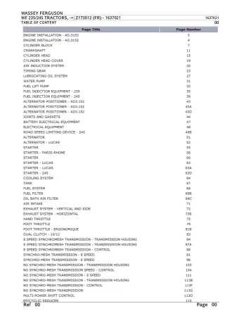 Massey Ferguson MF235 TRACTORS (- Z173012 (FR)) Parts Catalogue Manual