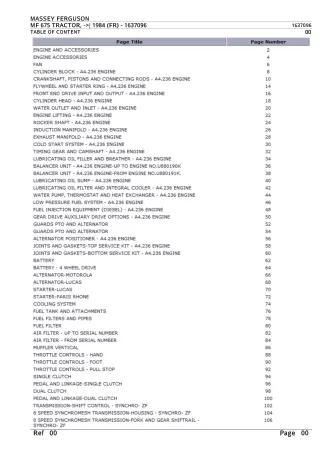 Massey Ferguson MF675 TRACTOR, - 1984 (FR) Parts Catalogue Manual