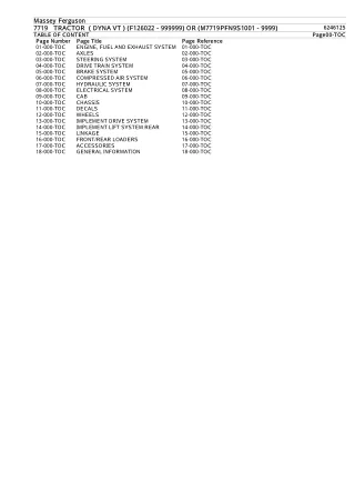 Massey Ferguson MF7719 TRACTOR (DYNA VT) (F126022 - 999999) OR (M7719PFN9S1001 - 9999) Parts Catalogue Manual