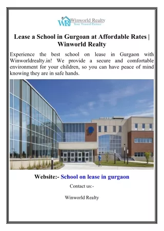 Lease a School in Gurgoan at Affordable Rates  Winworld Realty