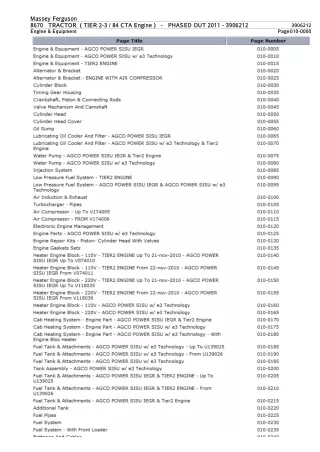 Massey Ferguson MF8670 TRACTOR (TIER 2-3  84 CTA Engine) (PHASED OUT 2011) Parts Catalogue Manual