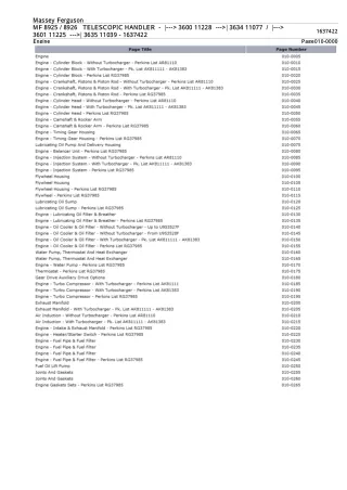 Massey Ferguson MF8925 TELESCOPIC HANDLER (- 3600 11228 - 3634 11077  -3601 11225 - 3635 11039) Parts Catalogue Manual