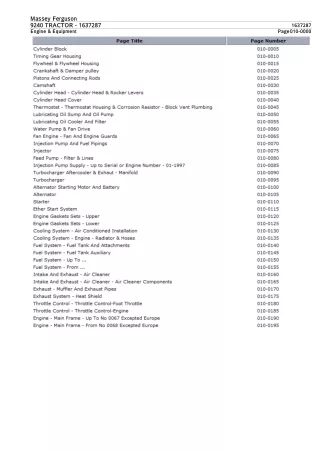 Massey Ferguson MF9240 TRACTOR Parts Catalogue Manual