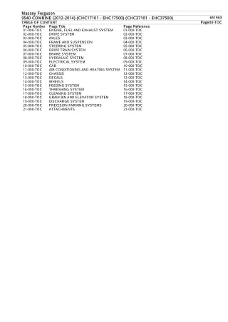 Massey Ferguson 9540 COMBINE (2012-2014) (CHC17101 - EHC17500) (CHC37101 - EHC37500) Parts Catalogue Manual