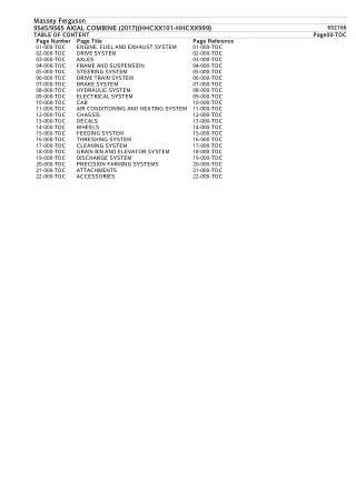 Massey Ferguson 9545  9565 AXIAL COMBINE (2017)(HHCXX101-HHCXX999) Parts Catalogue Manual