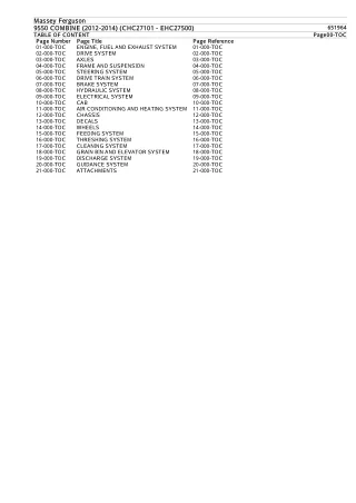 Massey Ferguson 9550 COMBINE (2012-2014) (CHC27101 - EHC27500) Parts Catalogue Manual