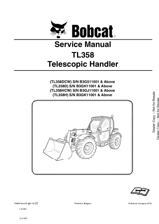 Bobcat TL358H Telescopic Handler Service Repair Manual SN B3GK11001 and Above