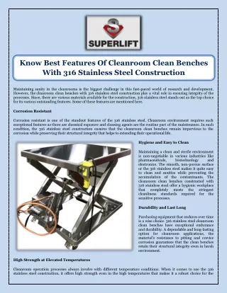 Know Best Features Of Cleanroom Clean Benches With 316 Stainless Steel Construction