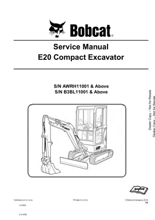 Bobcat E20 Compact Excavator Service Repair Manual (SN B3BL11001 and Above)