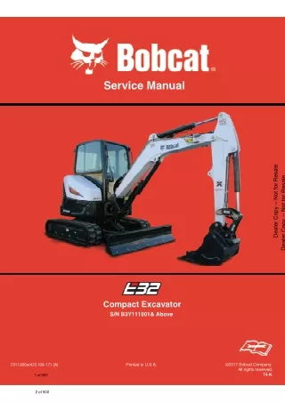 Bobcat E32 Compact Excavator Service Repair Manual (SN B3Y111001 and Above)