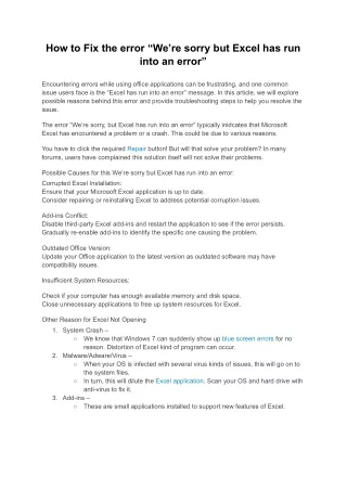 How to Fix the error “We’re sorry but Excel has run into an error”