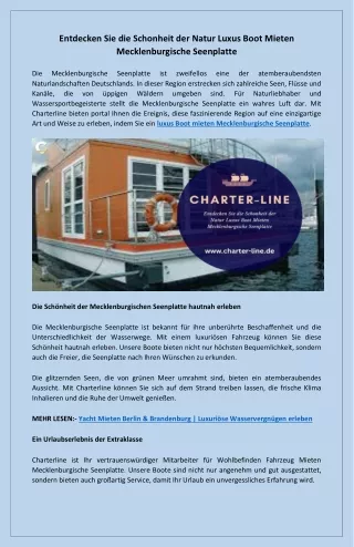 Entspannung und Naturgenuss Luxus Boot Mieten Mecklenburgische Seenplatte