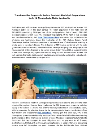 Transformative Progress in Andhra Pradesh's Municipal Corporations Under N Chandrababu Naidu Leadership