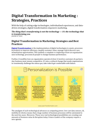 Digital Transformation In Marketing : Strategies, Practices