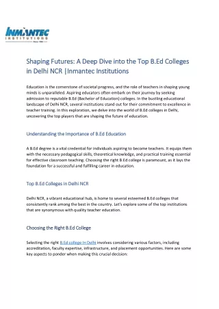 Shaping Futures - A Deep Dive into the Top B.Ed Colleges in Delhi NCR |Inmantec