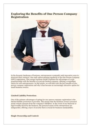 Exploring the Benefits of One Person Company Registration