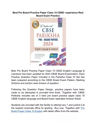 ‘Together with’ Pre Board Paper Class 10 English for 2024 Board Examination