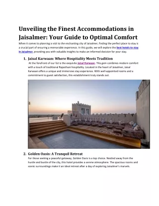 Unveiling the Finest Accommodations in Jaisalmer