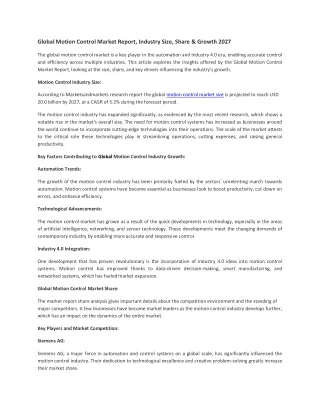 Global Motion Control Market Report, Industry Size, Share & Growth 2027