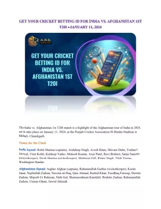 GET YOUR CRICKET BETTING ID FOR INDIA VS. AFGHANISTAN 1ST T20I - JANUARY 11, 2024