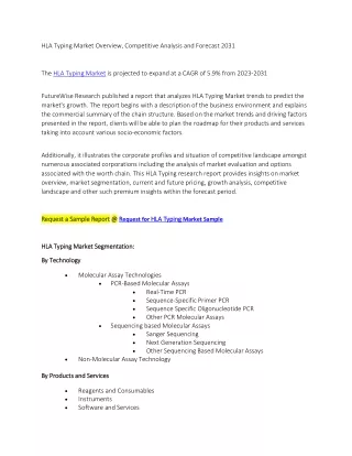 HLA Typing Market Overview, Competitive Analysis and Forecast 2031
